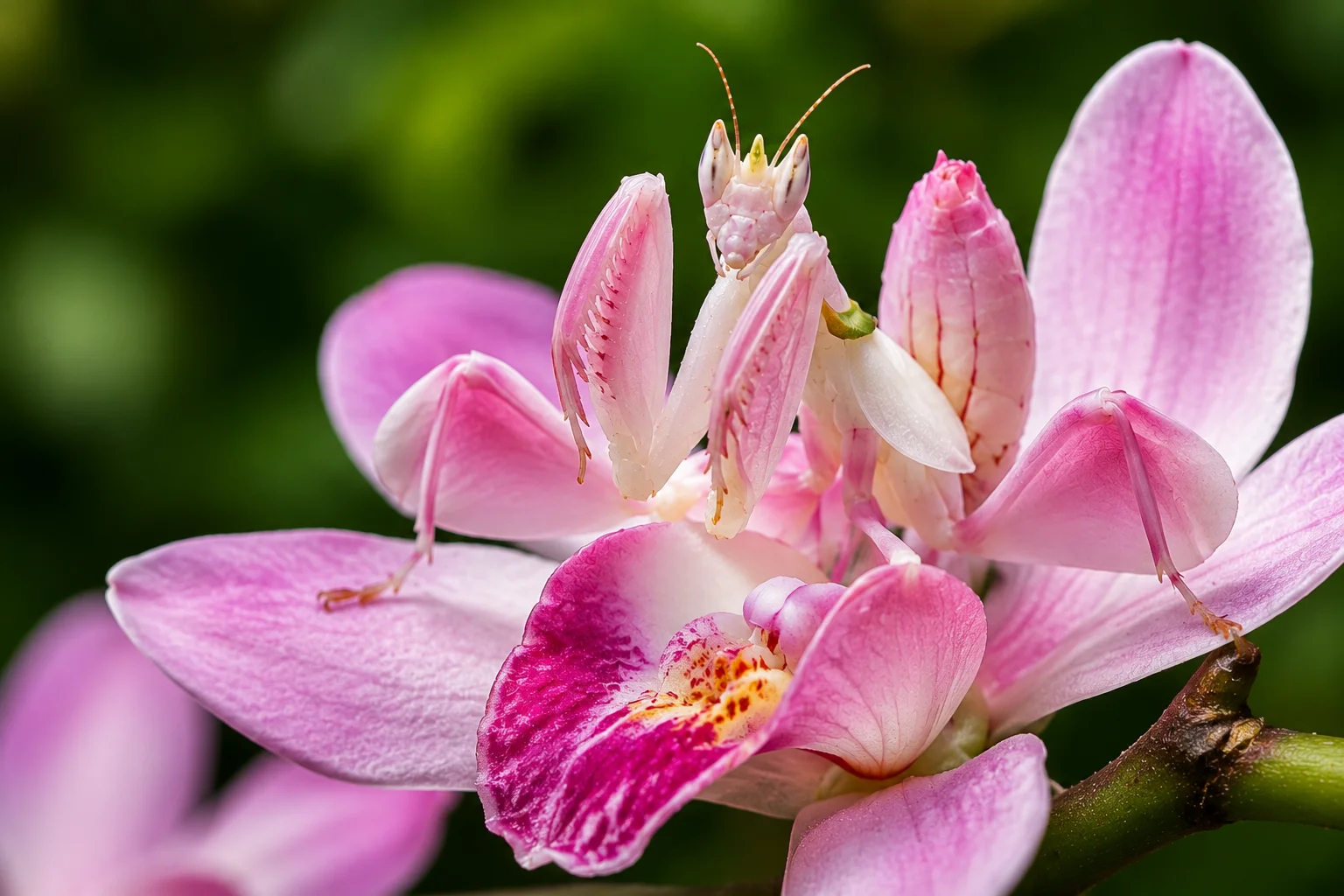 Pink orchid mantis (Hymenopus coronatus) with petal-shaped legs resting among flowers