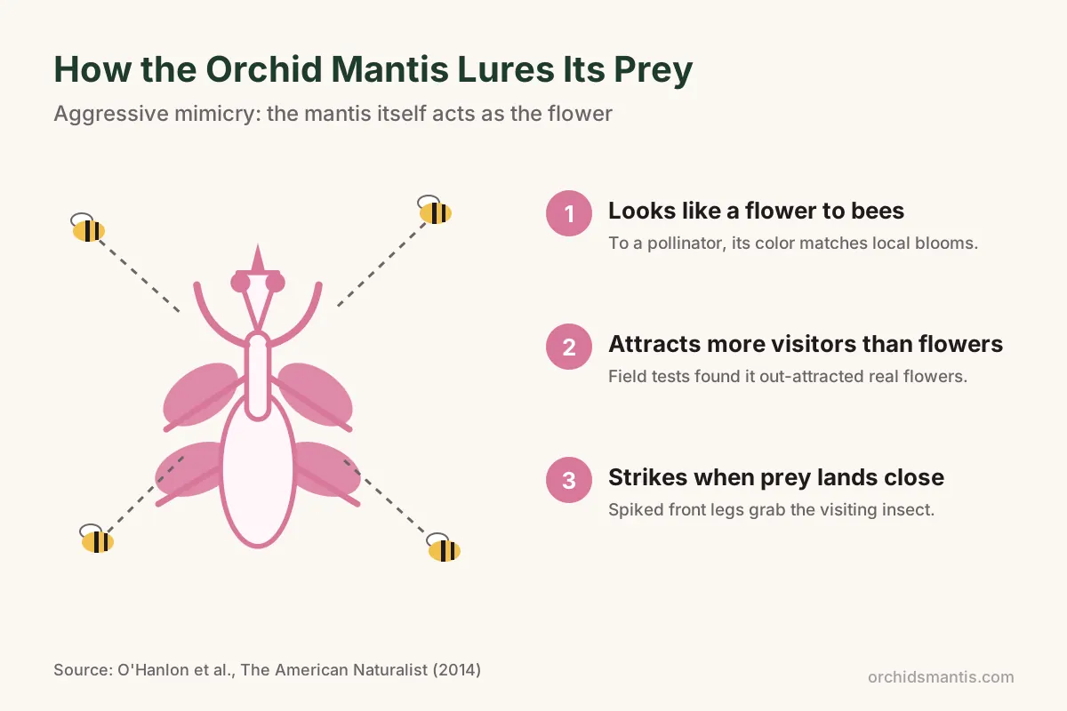 Diagram of orchid mantis aggressive mimicry showing bees drawn to the flower-like mantis